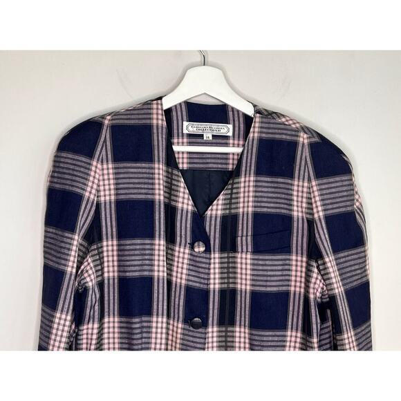 Carolina Herrera Collection II Vintage Plaid Button Up Blazer Navy/Pink 14 - Picture 2 of 10